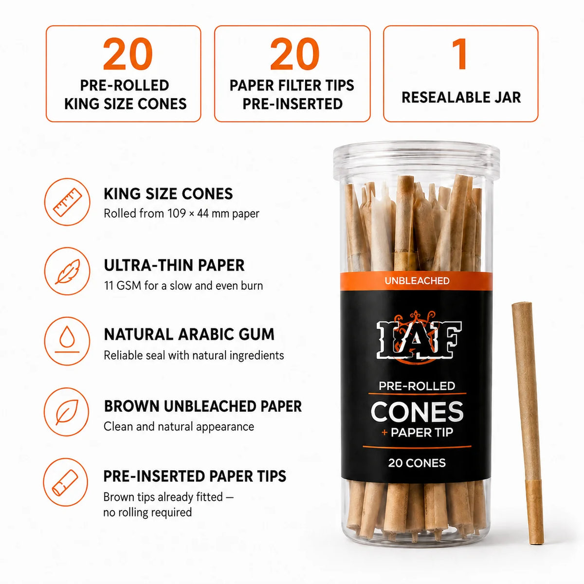 WarakLAF Unbleached Pre-Rolled Cones Jar - 20Pcs