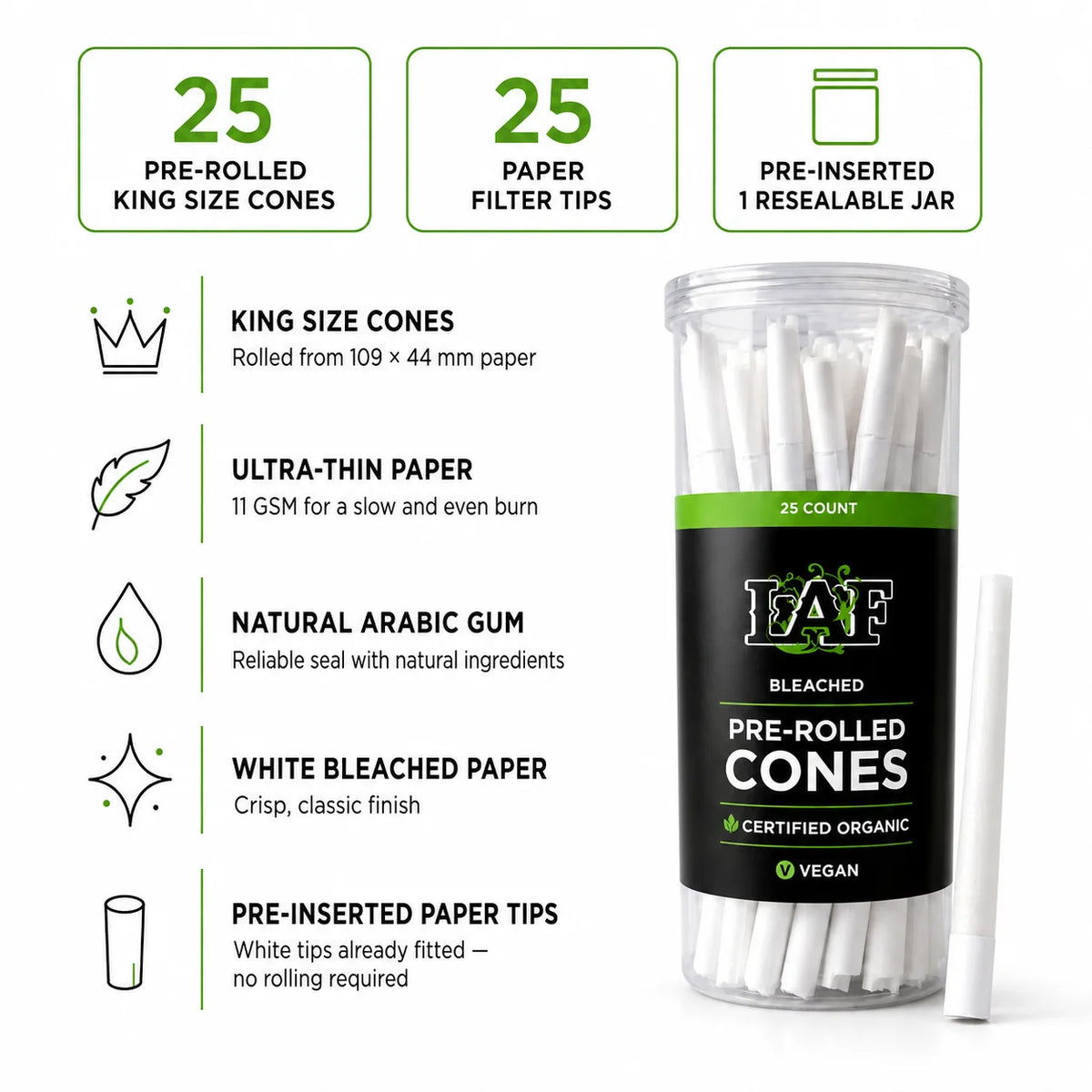 WarakLAF Classic White Pre-Rolled Cones Jar - 25Pcs